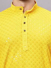 VORA LABEL Men Rayon Schiffli Chikankari Embroidered Long Kurta Set - Yellow