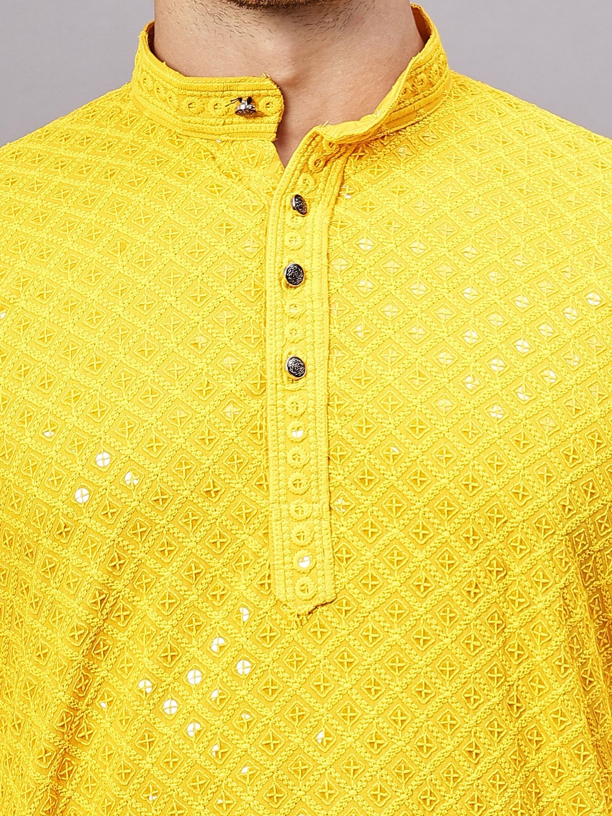 VORA LABEL Men Rayon Schiffli Chikankari Embroidered Long Kurta Set - Yellow