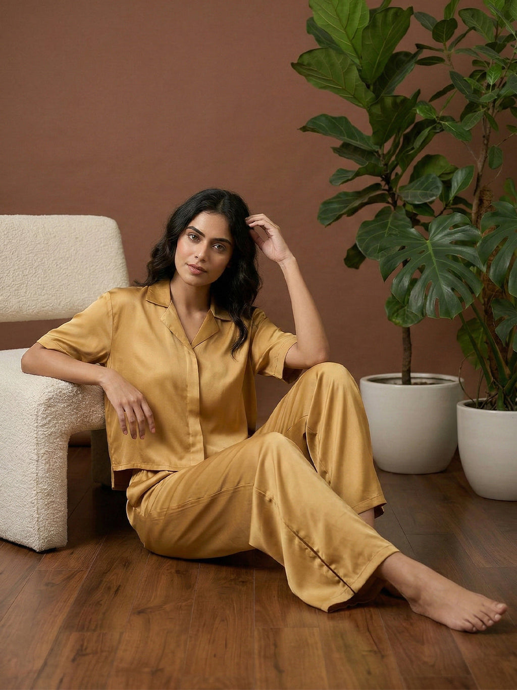 VORA LABEL Women Linen Solid Relaxed Fit Night Suit Set - Yellow