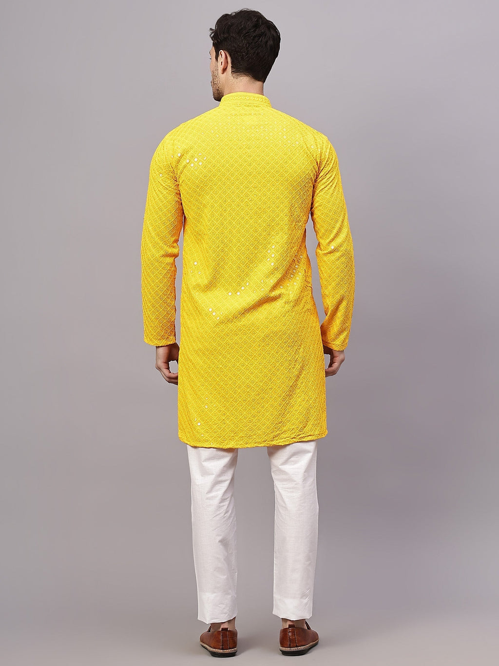 VORA LABEL Men Rayon Schiffli Chikankari Embroidered Long Kurta Set - Yellow