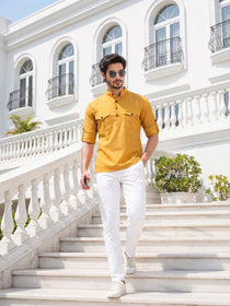 VORA LABEL Men’s Pure Cotton Solid Mandarin Collar Kurta | Full Sleeves with Roll-Up Tab | Casual & Smart Casual Wear
