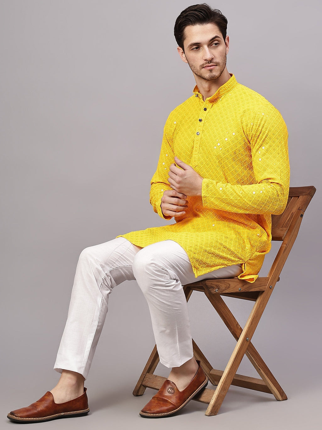 VORA LABEL Men Rayon Schiffli Chikankari Embroidered Long Kurta Set - Yellow
