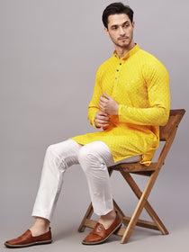 VORA LABEL Men Rayon Schiffli Chikankari Embroidered Long Kurta Set - Yellow