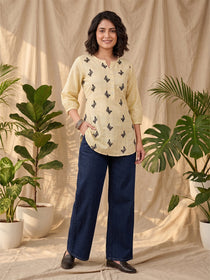 VORA LABEL Women Cotton Printed Regular Fit Top - Lemon