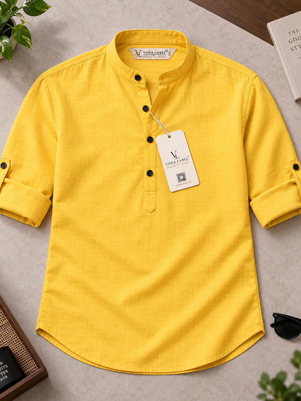 VORA LABEL Men’s Cotton Blend Solid Kurta | Mandarin Collar Full Sleeve Kurta | Casual & Festive Wear