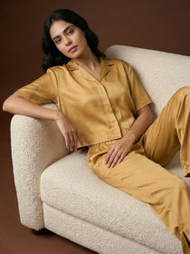 VORA LABEL Women Linen Solid Relaxed Fit Night Suit Set - Yellow