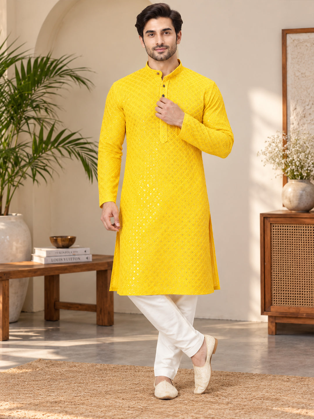 VORA LABEL Men's Premium Yellow Pure Cotton Printed Kurta | Traditional Ethnic Wear for Men Main image
