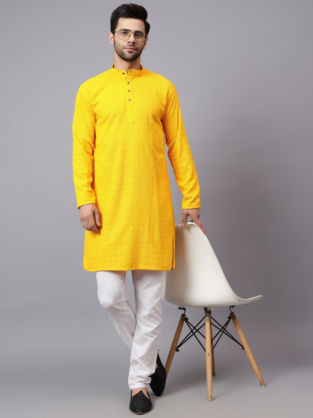VORA LABEL Men Rayon Schiffli Chikankari Embroidered Long Kurta Set - Red