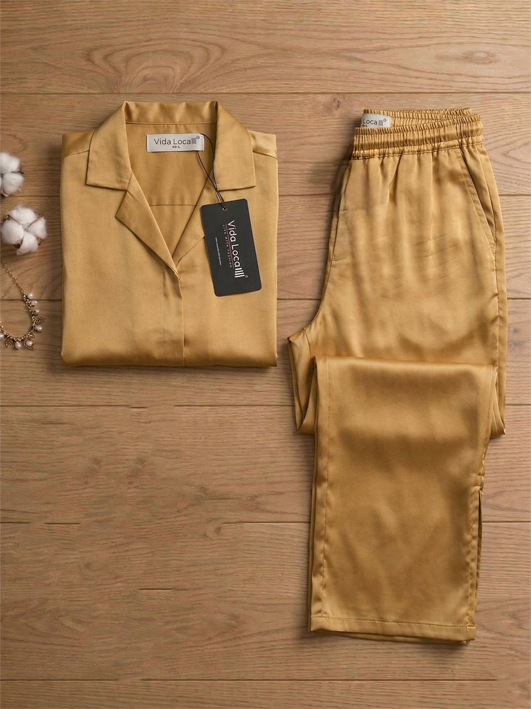 VORA LABEL Women Linen Solid Relaxed Fit Night Suit Set - Yellow