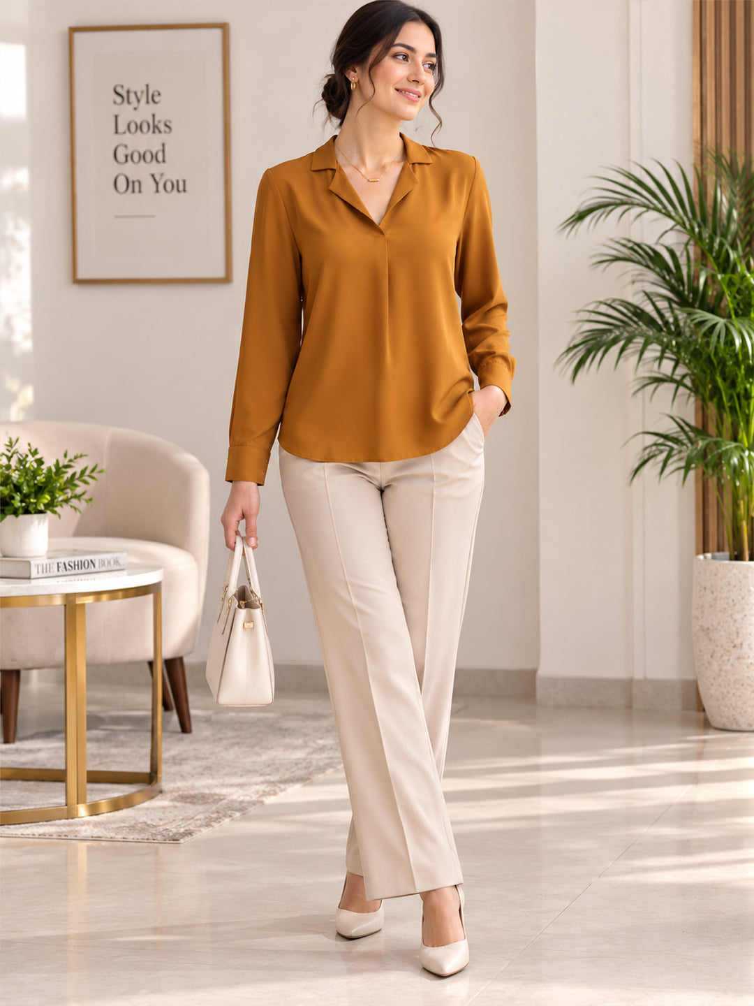 VORA LABEL Women's Mustard Yellow Crepe Shirt | Elegant Full Sleeve Collared Top for Women Main image
