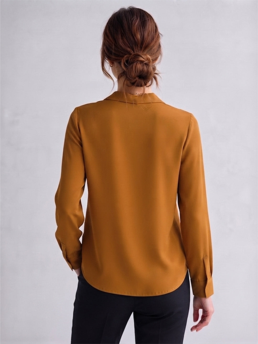 VORA LABEL Women's Mustard Yellow Crepe Shirt | Elegant Full Sleeve Collared Top for Women Secondary image