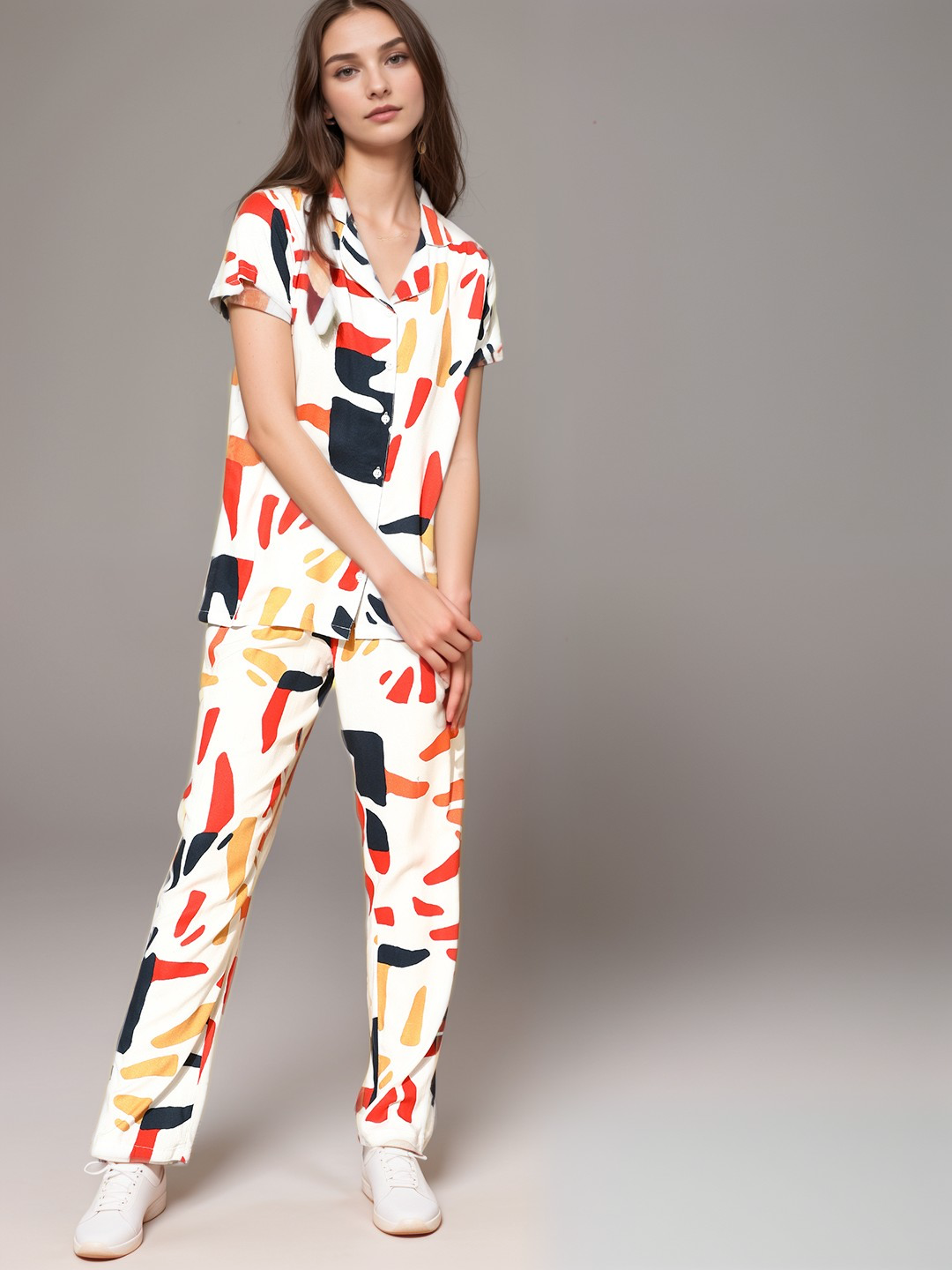 VORA LABEL Women Viscose Rayon Abstract Printed Regular Fit Night Suit Set - White Main image