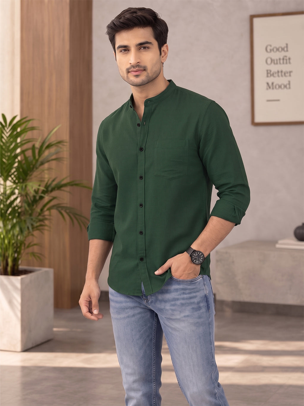 VORA LABEL Men’s Cotton Blend Mandarin Collar Shirt | Full Sleeve Solid Casual & Smart Wear