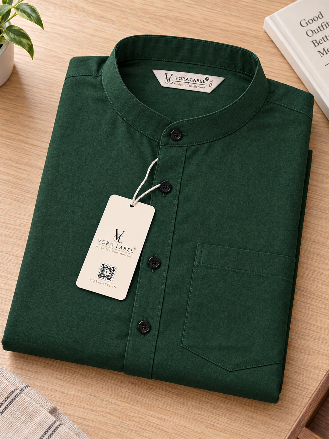 VORA LABEL Men’s Cotton Blend Mandarin Collar Shirt | Full Sleeve Solid Casual & Smart Wear
