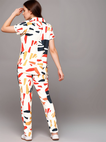 VORA LABEL Women Viscose Rayon Abstract Printed Regular Fit Night Suit Set - White