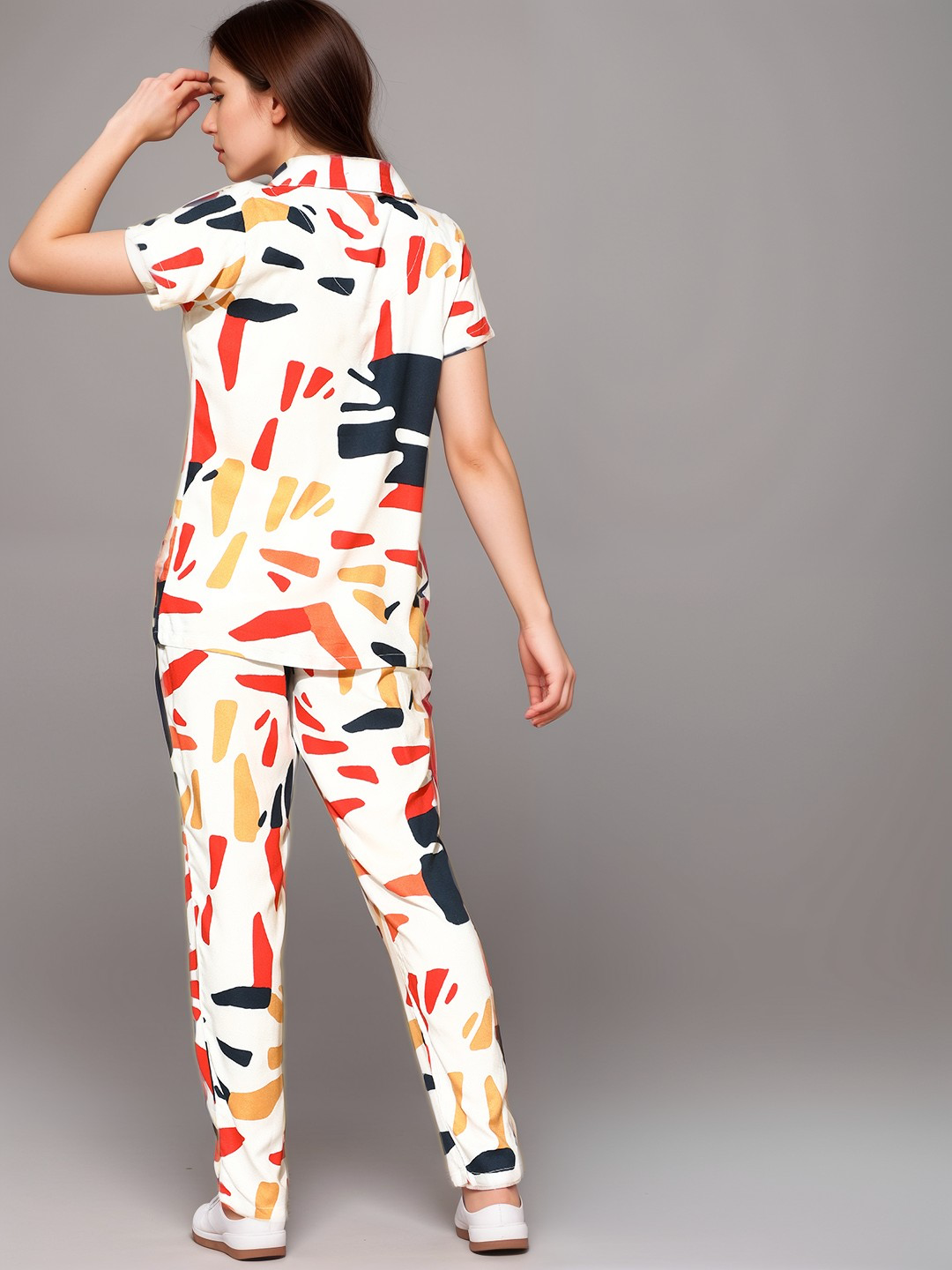 VORA LABEL Women Viscose Rayon Abstract Printed Regular Fit Night Suit Set - White