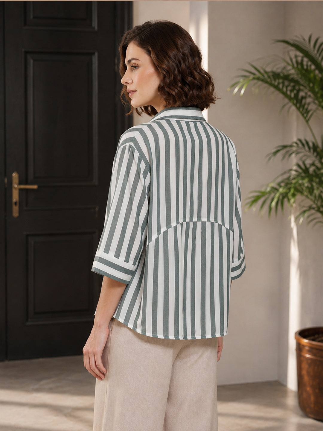 VORA LABEL Women’s Pure Cotton Striped Shirt Top | 3/4 Sleeve Casual Button-Down Tunic | Comfortable Regular Fit Secondary image