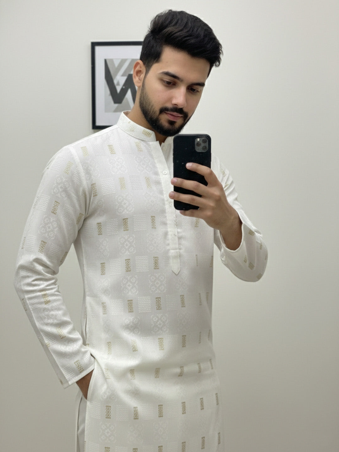 VORA LABEL Men Cotton Printed Regular Fit Mandarin Collar Short Kurta - White Secondary image