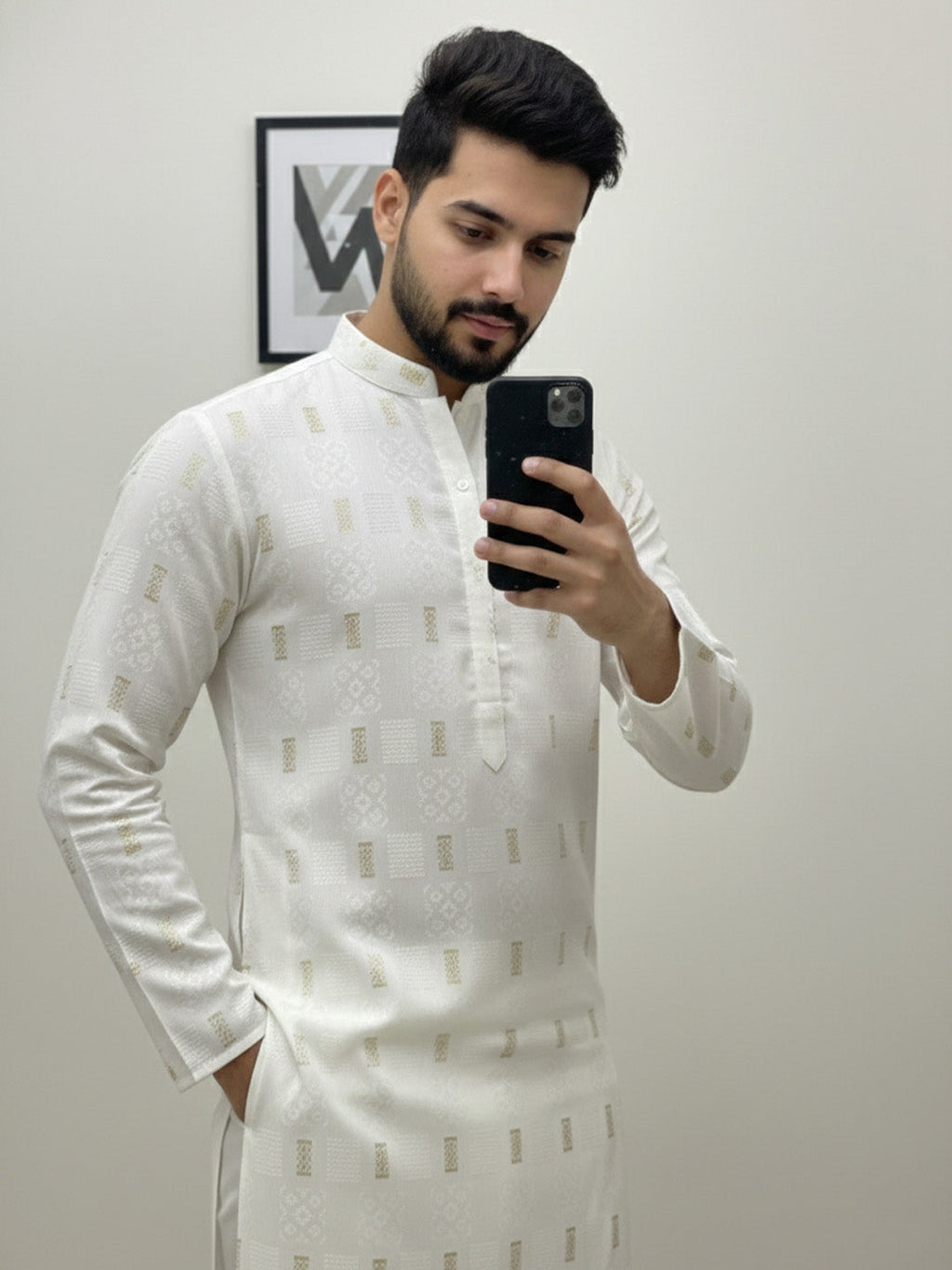 VORA LABEL Men Cotton Printed Regular Fit Mandarin Collar Short Kurta - White