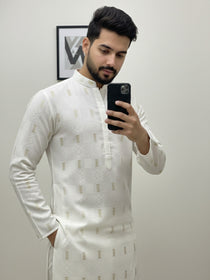 VORA LABEL Men Cotton Printed Regular Fit Mandarin Collar Short Kurta - White