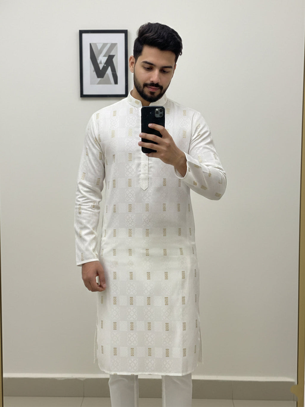VORA LABEL Men Cotton Printed Regular Fit Mandarin Collar Short Kurta - White