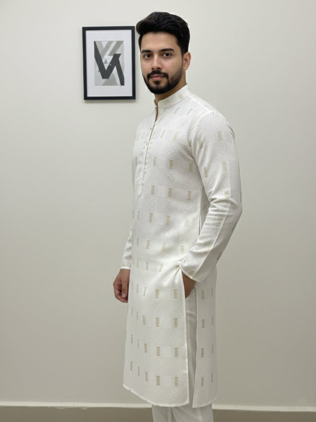 VORA LABEL Men Cotton Printed Regular Fit Mandarin Collar Short Kurta - White