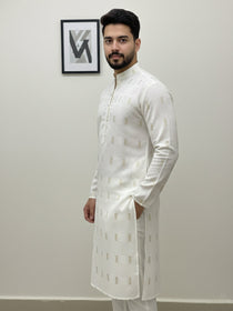 VORA LABEL Men Cotton Printed Regular Fit Mandarin Collar Short Kurta - White