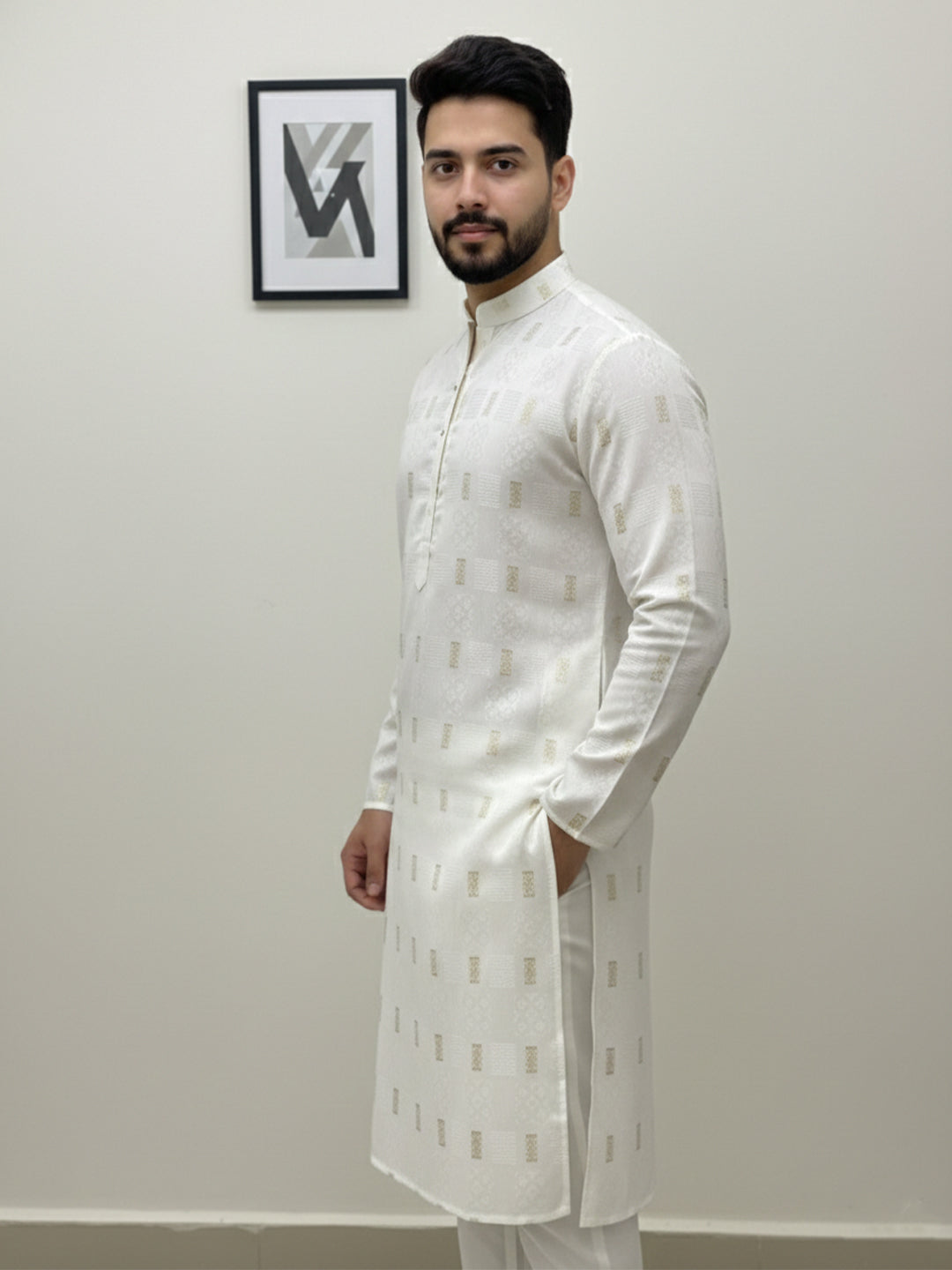 VORA LABEL Men Cotton Printed Regular Fit Mandarin Collar Short Kurta - White