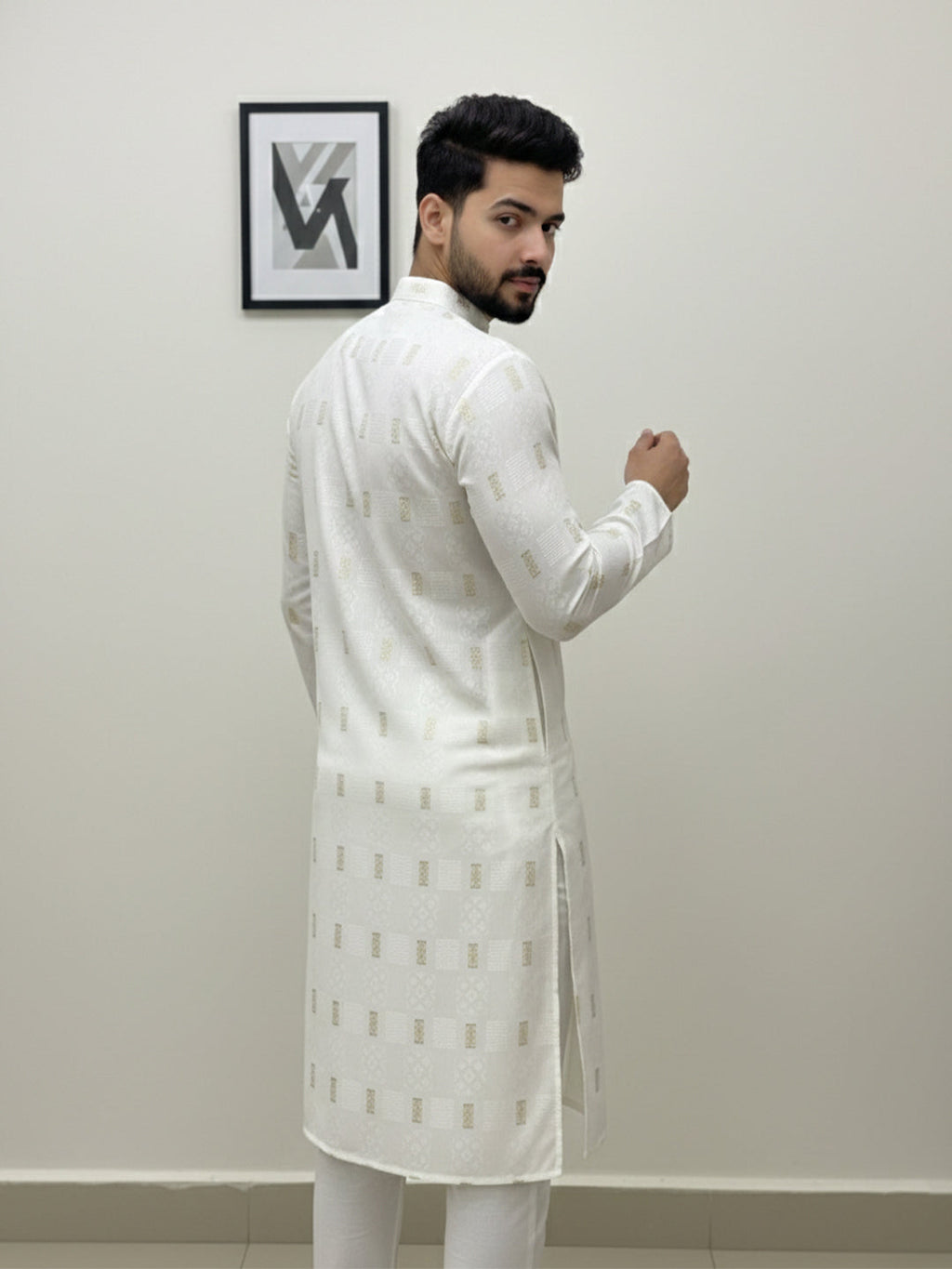 VORA LABEL Men Cotton Printed Regular Fit Mandarin Collar Short Kurta - White