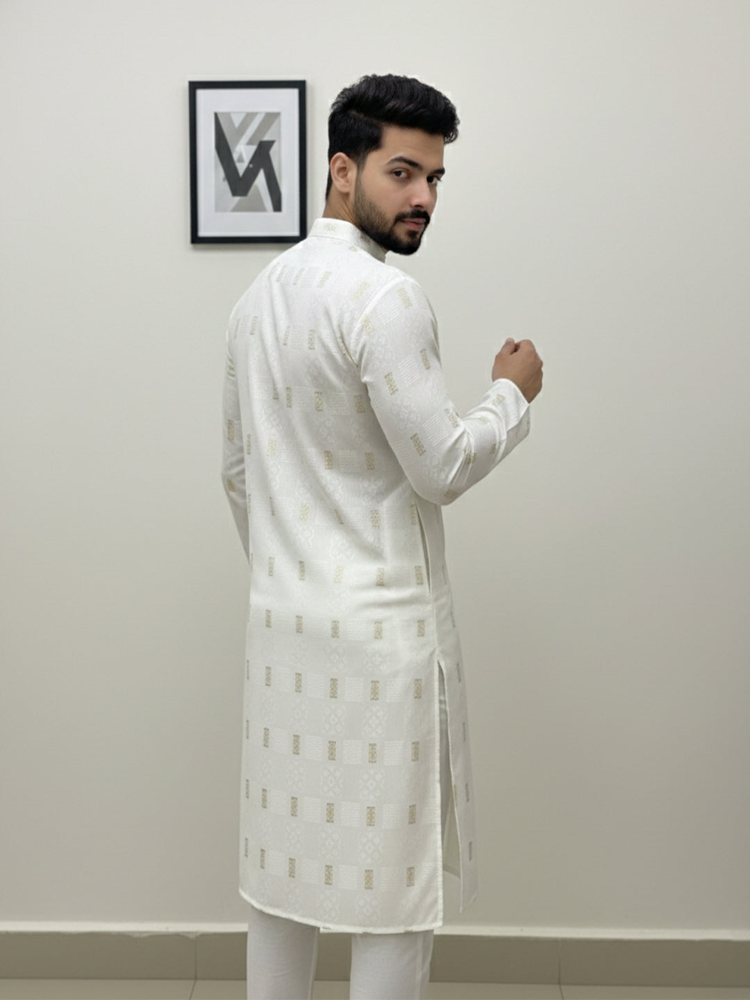 VORA LABEL Men Cotton Printed Regular Fit Mandarin Collar Short Kurta - White