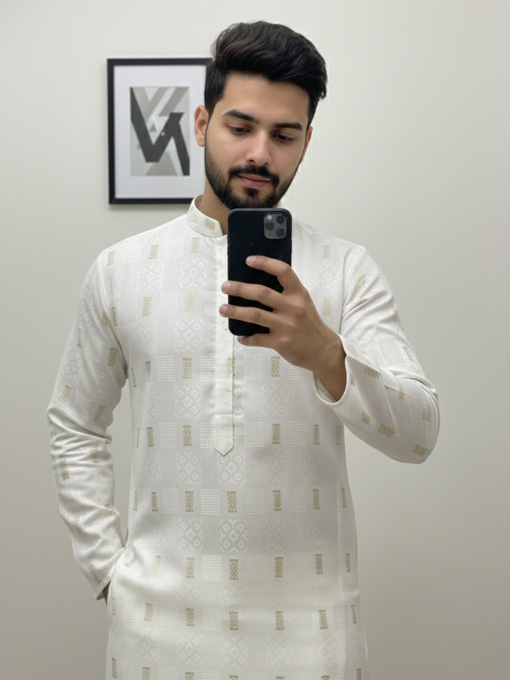 VORA LABEL Men Cotton Printed Regular Fit Mandarin Collar Short Kurta - White