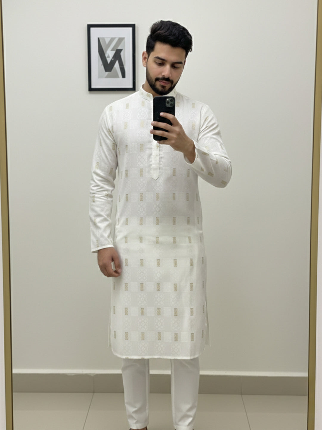 VORA LABEL Men Cotton Printed Regular Fit Mandarin Collar Short Kurta - White Main image