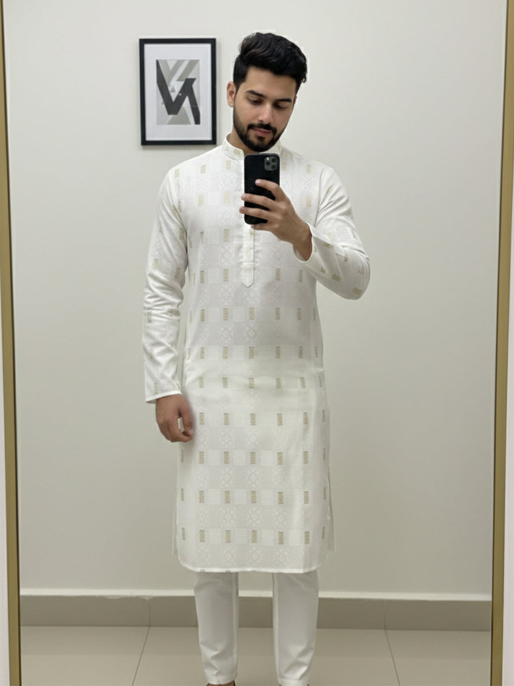 VORA LABEL Men Cotton Printed Regular Fit Mandarin Collar Short Kurta - White