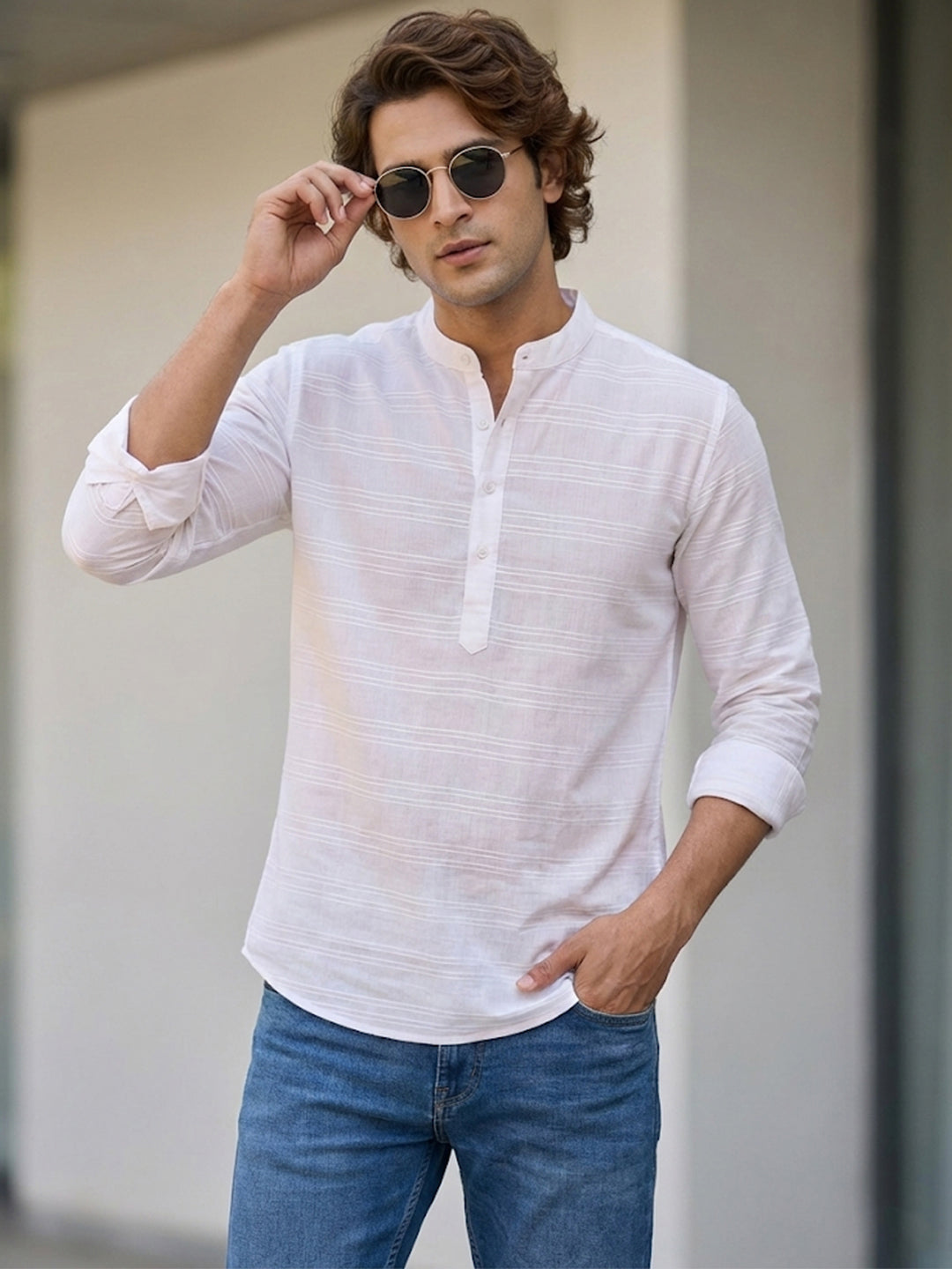 VORA LABEL Men Cotton Striped Roll-Up Sleeve Short Kurta - White