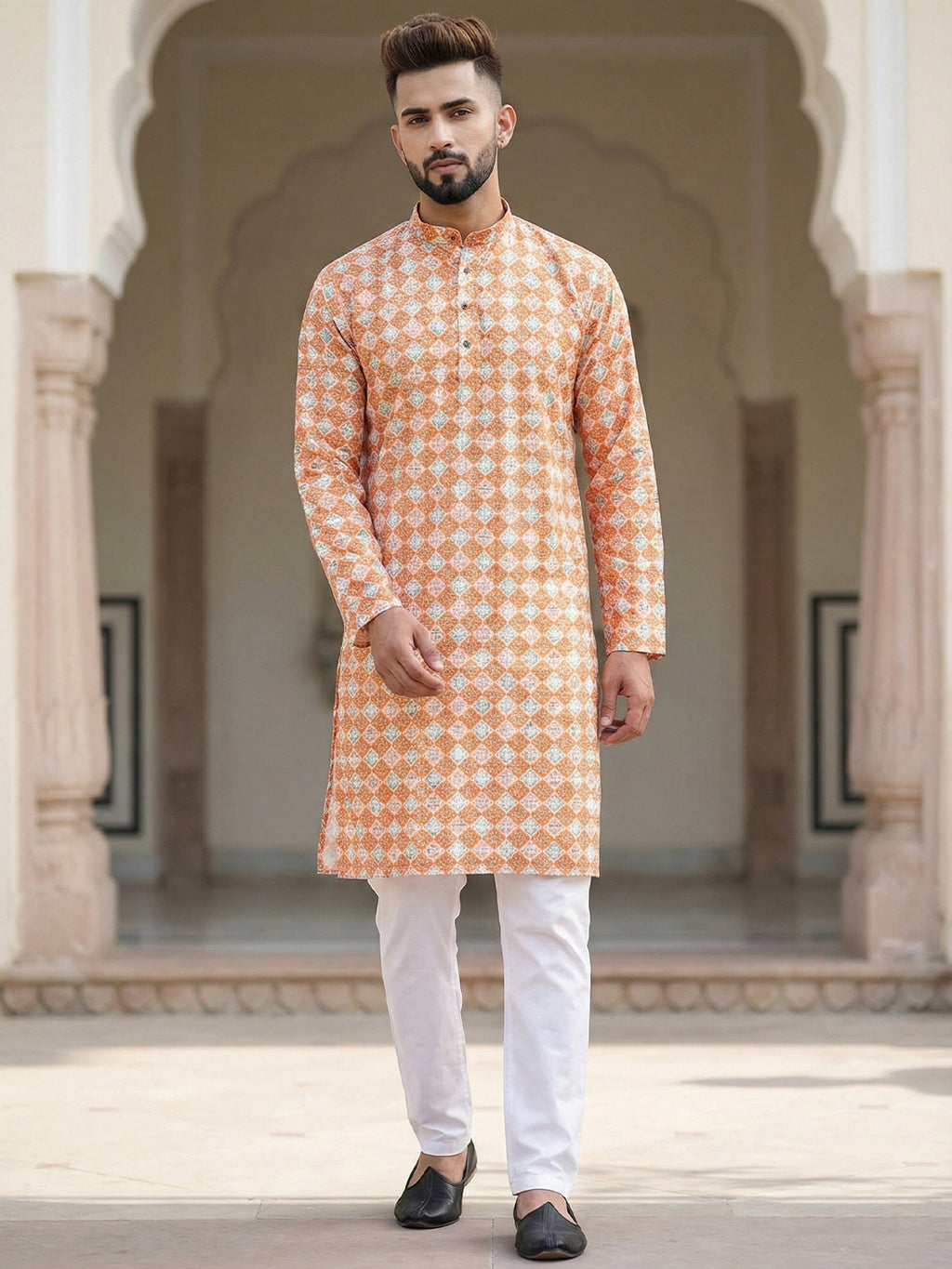 VORA LABEL Men's Printed Crochet Fabric Kurta | Full Sleeve Mandarin Collar Ethnic Kurta