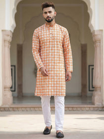 VORA LABEL Men's Printed Crochet Fabric Kurta | Full Sleeve Mandarin Collar Ethnic Kurta