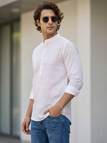 VORA LABEL Men Cotton Striped Roll-Up Sleeve Short Kurta - White