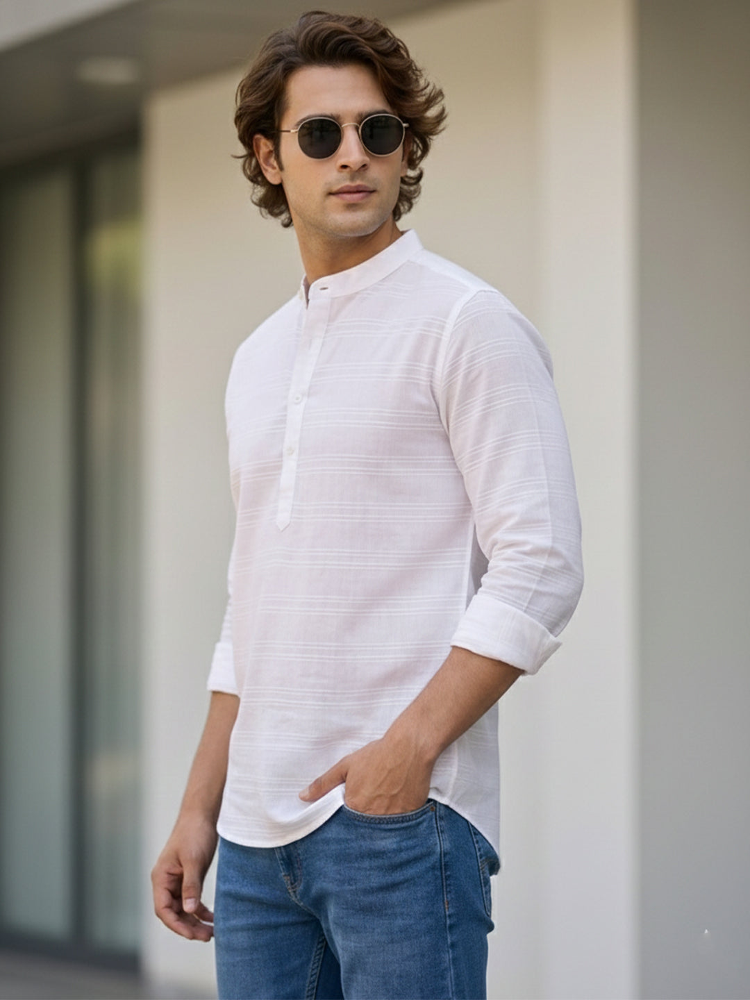 VORA LABEL Men Cotton Striped Roll-Up Sleeve Short Kurta - White