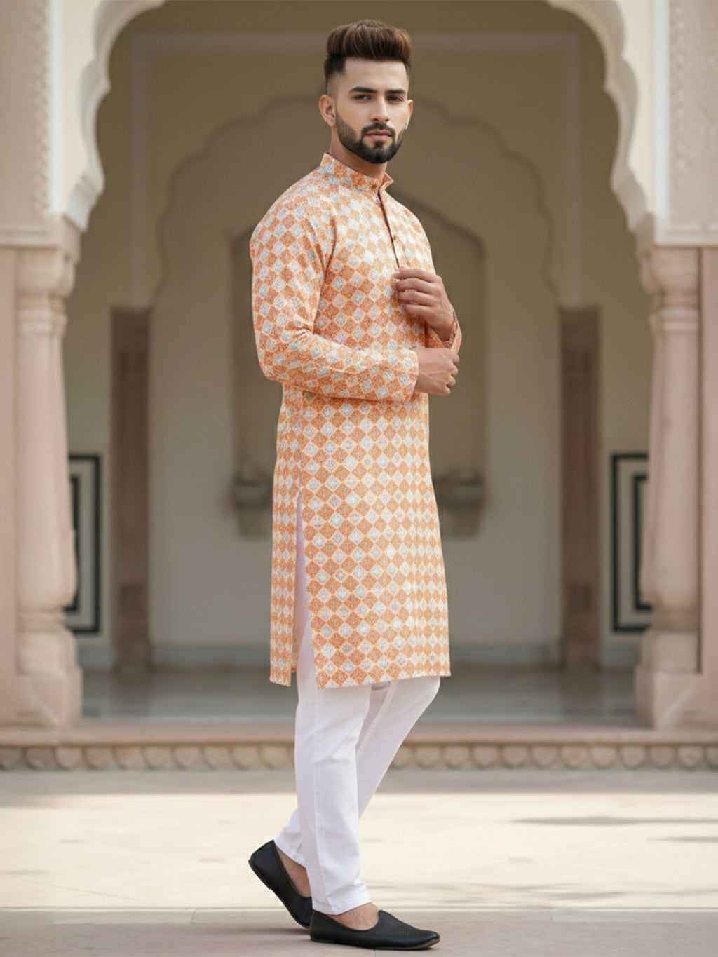 VORA LABEL Men's Printed Crochet Fabric Kurta | Full Sleeve Mandarin Collar Ethnic Kurta