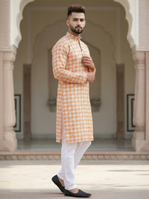 VORA LABEL Men's Printed Crochet Fabric Kurta | Full Sleeve Mandarin Collar Ethnic Kurta
