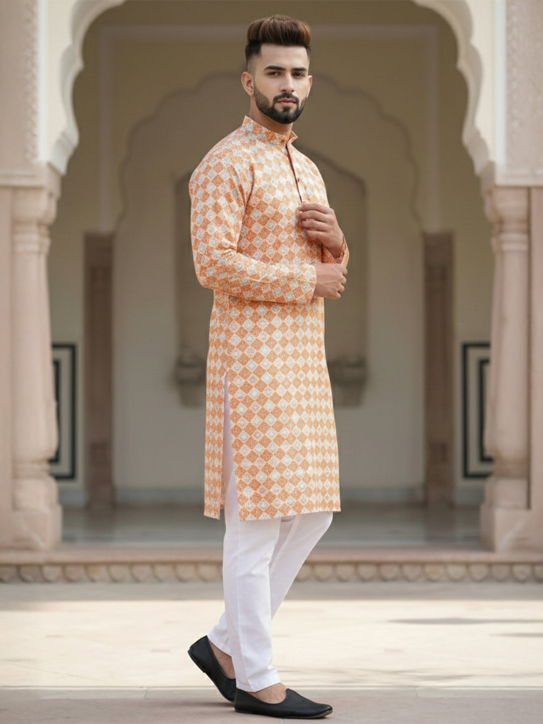 VORA LABEL Men's Printed Crochet Fabric Kurta | Full Sleeve Mandarin Collar Ethnic Kurta