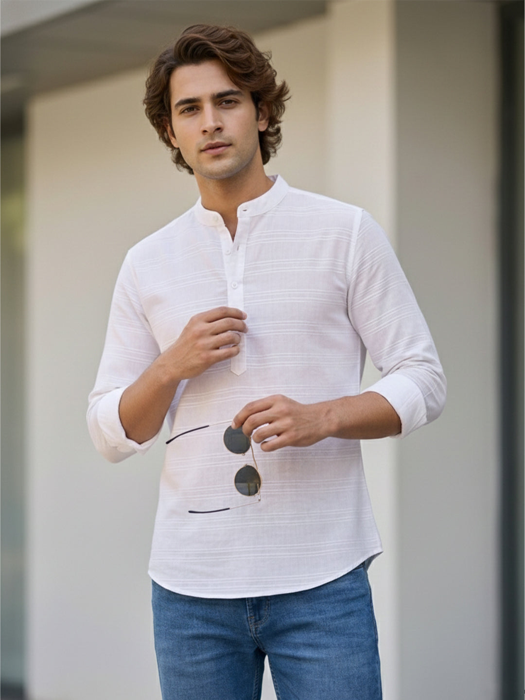 VORA LABEL Men Cotton Striped Roll-Up Sleeve Short Kurta - White