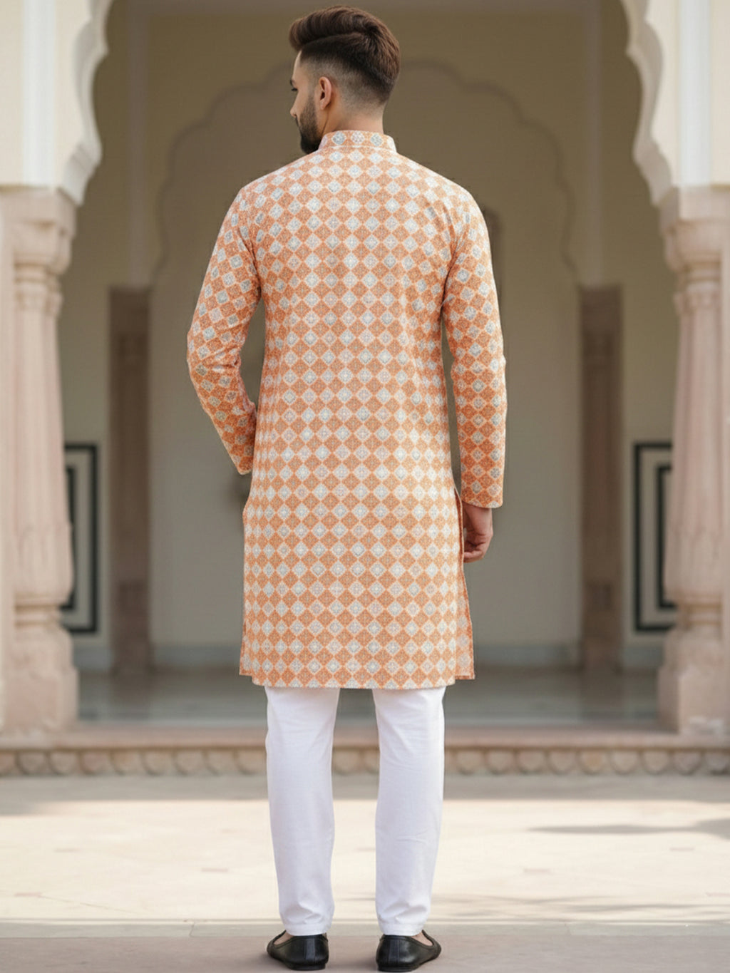 VORA LABEL Men's Printed Crochet Fabric Kurta | Full Sleeve Mandarin Collar Ethnic Kurta