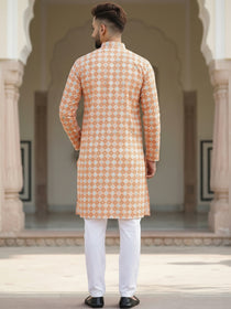 VORA LABEL Men's Printed Crochet Fabric Kurta | Full Sleeve Mandarin Collar Ethnic Kurta