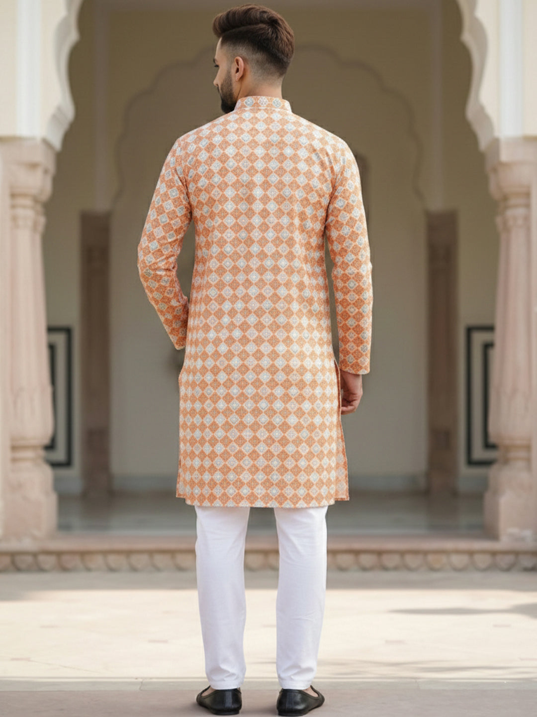 VORA LABEL Men's Printed Crochet Fabric Kurta | Full Sleeve Mandarin Collar Ethnic Kurta