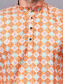 VORA LABEL Men's Printed Crochet Fabric Kurta | Full Sleeve Mandarin Collar Ethnic Kurta