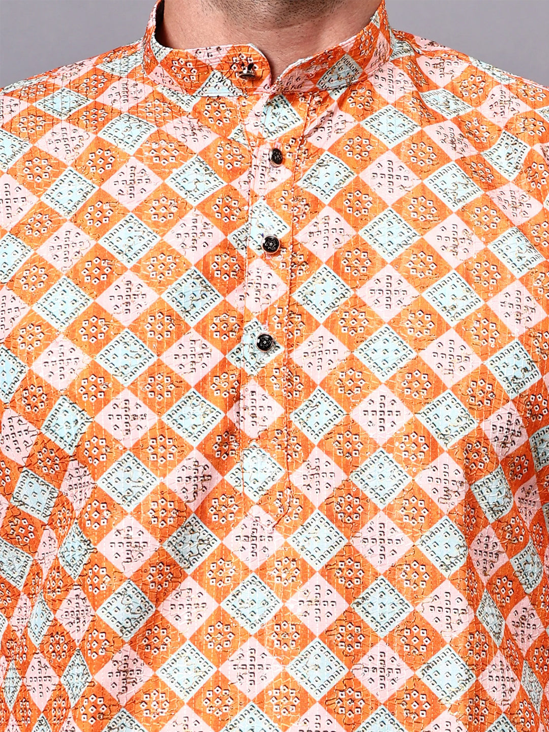 VORA LABEL Men's Printed Crochet Fabric Kurta | Full Sleeve Mandarin Collar Ethnic Kurta