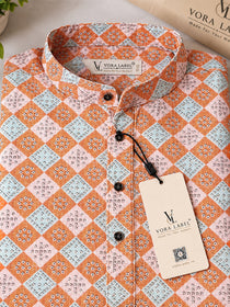 VORA LABEL Men's Printed Crochet Fabric Kurta | Full Sleeve Mandarin Collar Ethnic Kurta
