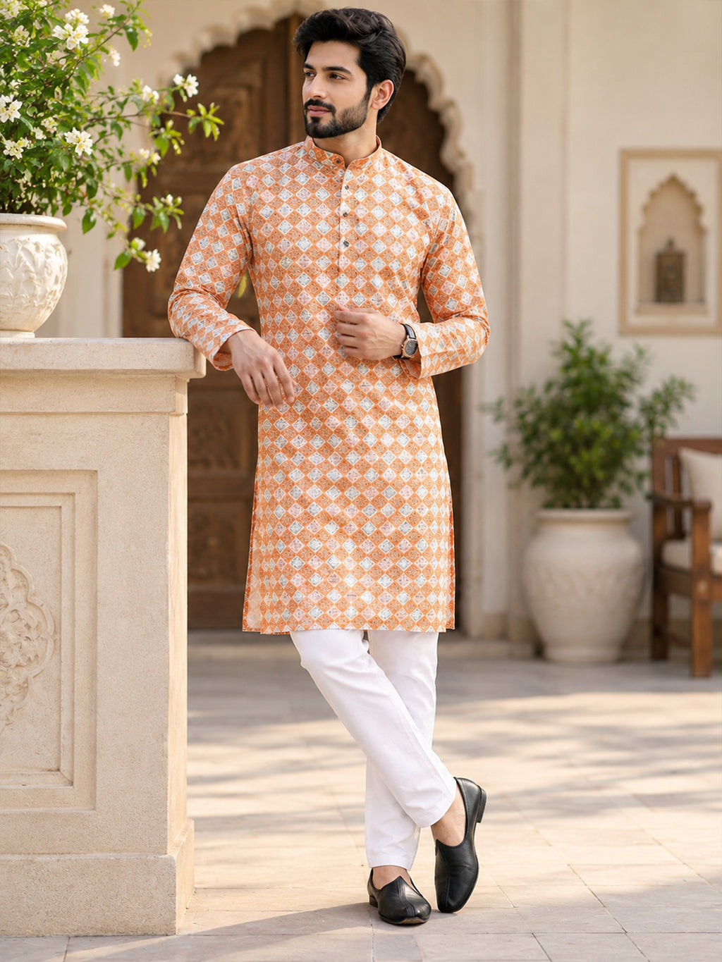 VORA LABEL Men's Printed Crochet Fabric Kurta | Full Sleeve Mandarin Collar Ethnic Kurta