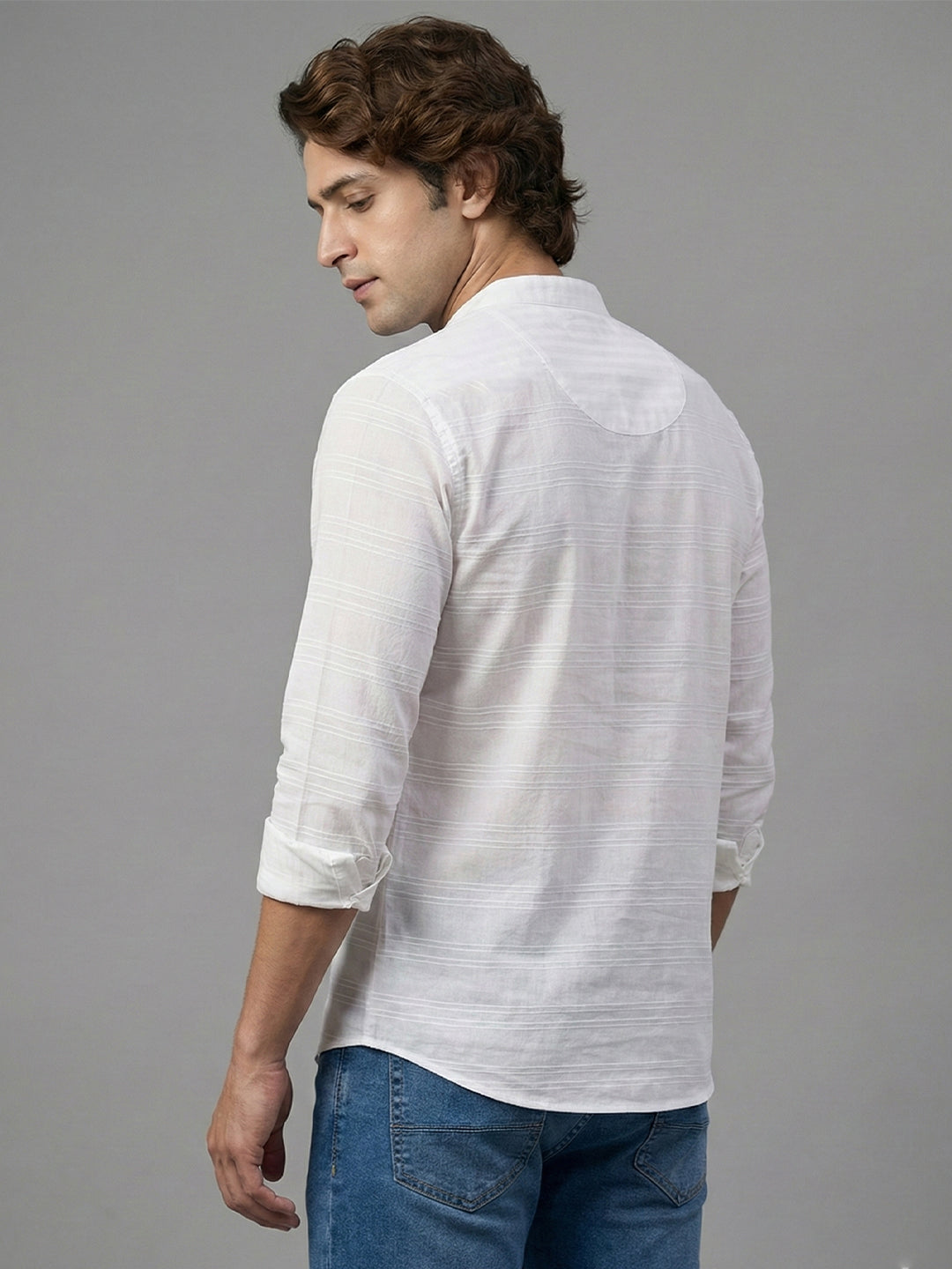 VORA LABEL Men Cotton Striped Roll-Up Sleeve Short Kurta - White Secondary image